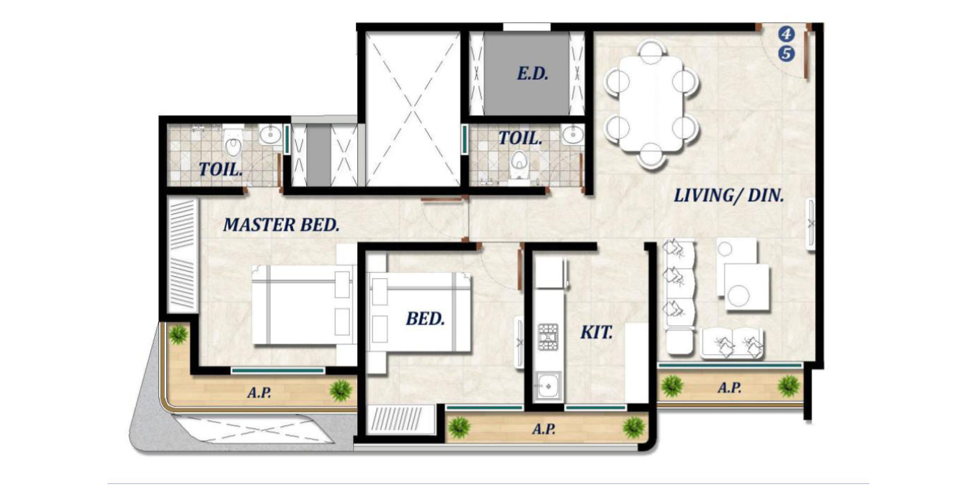 2 BHK 804 Sq.ft. (Carpet).