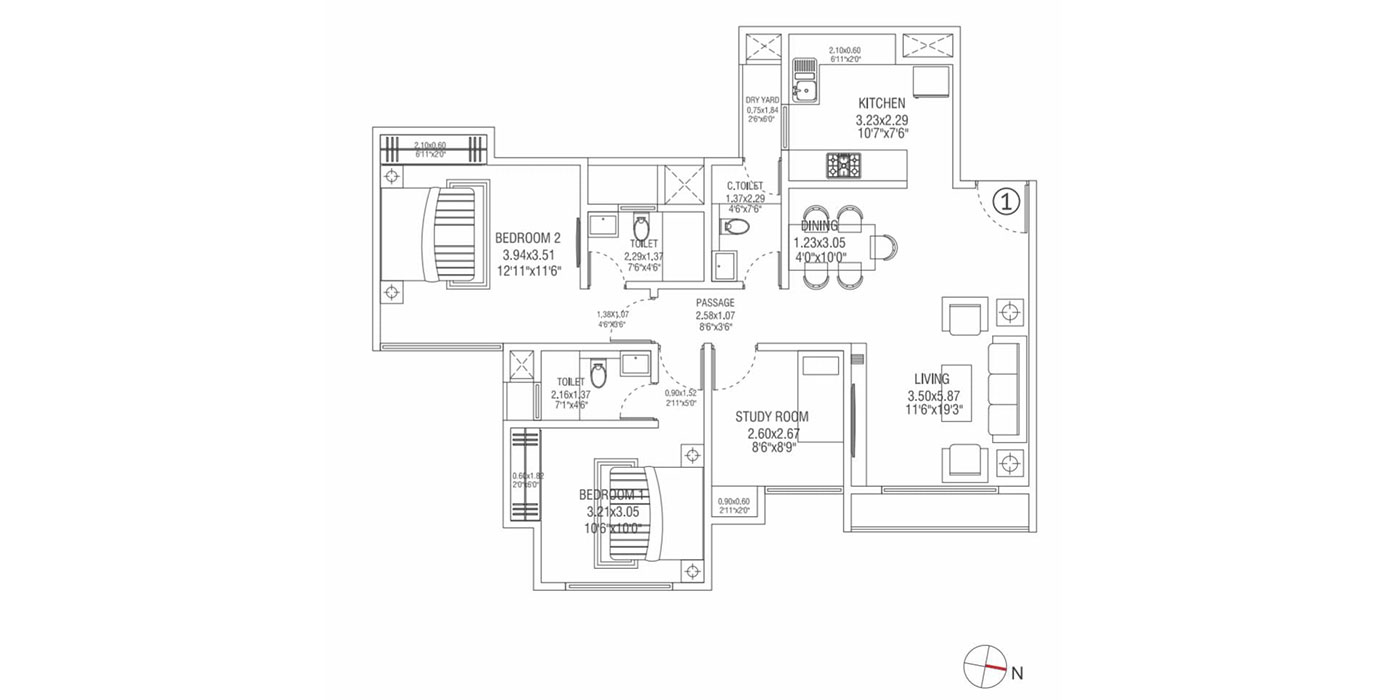 2BHK 825 Sq.ft. (Carpet)