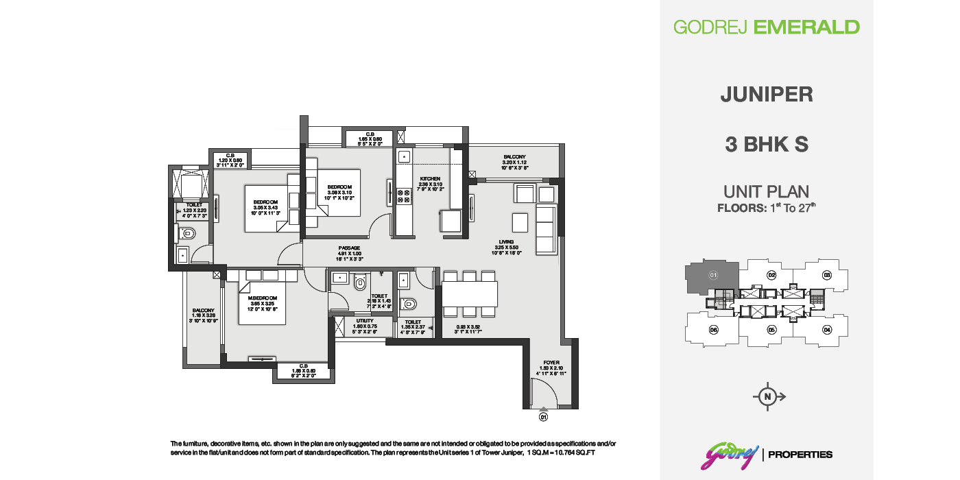 3BHK - 1024 Sqft - Unit Plan