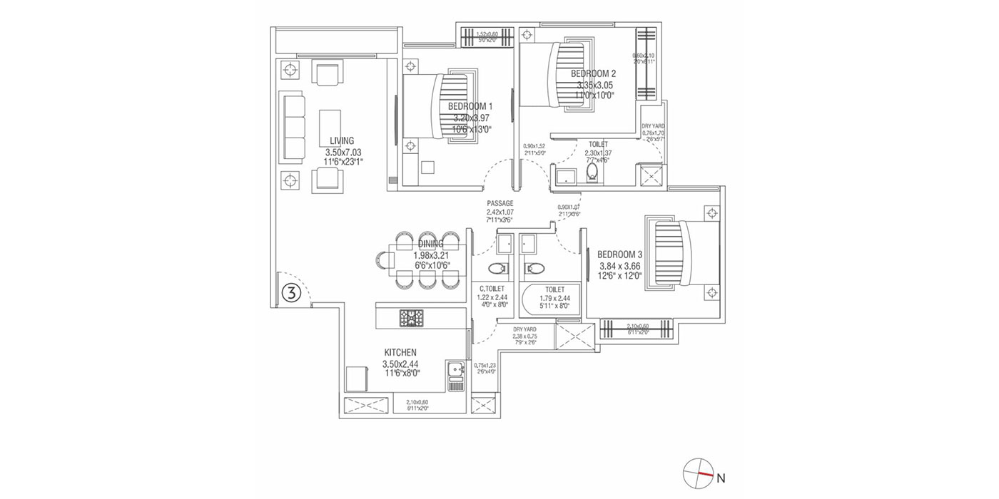3BHK 1140 Sq.ft. (Carpet))