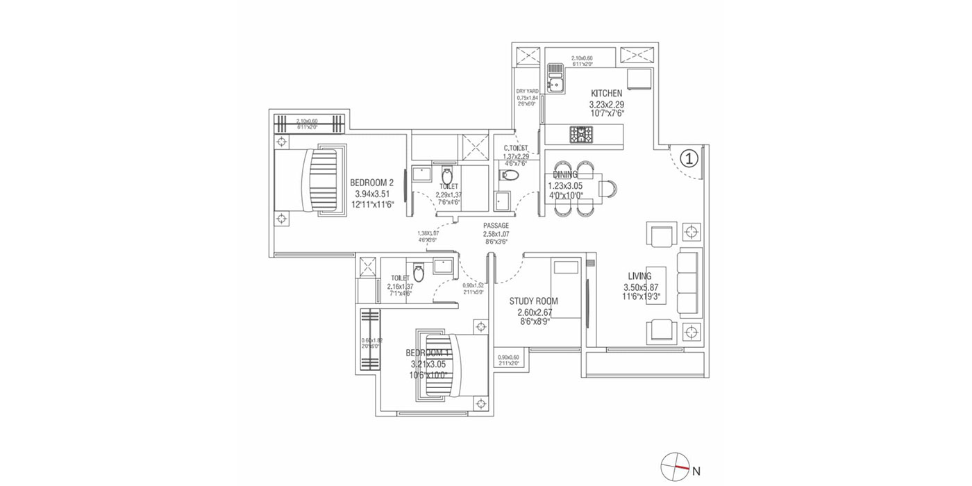 3BHK 931 Sq.ft. (Carpet)